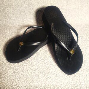 Tory Burch Wedge Flip-Flops - Black w/Gold Medallion - Women's Size 7.5